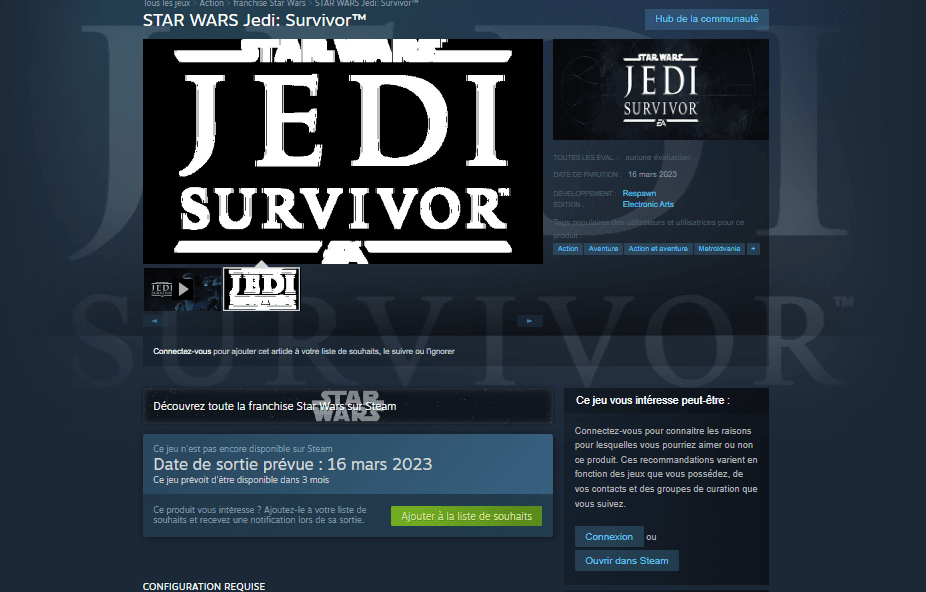 La date de sortie de Star Wars Jedi : Survivor a été révélée par une liste Steam. 1 La date de sortie de Star Wars Jedi : Survivor a été révélée par une liste Steam.