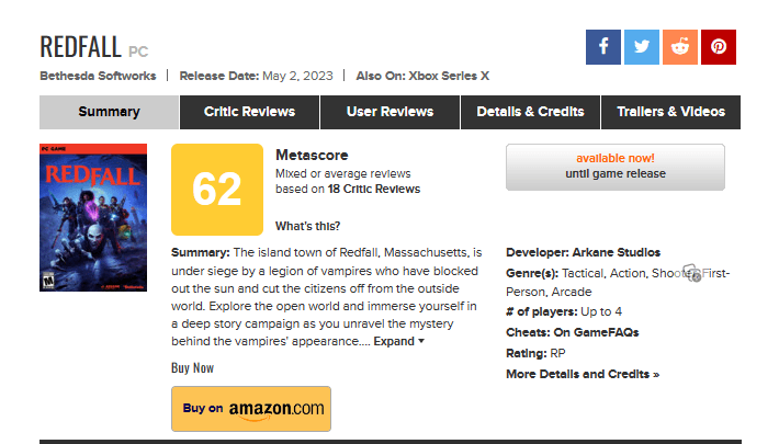 Redfall est actuellement le jeu moins bien noté d'Arkane