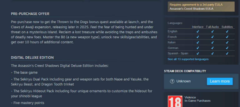 Assassin's Creed Shadows : la première extension s'appelle Claws of Awaji et propose plus de 10 heures de nouveau contenu 1 assassins creed shadows claws of awaji steam page